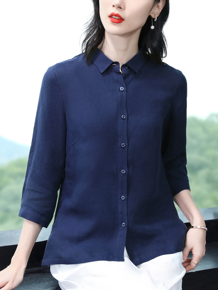 青ファッション 七分袖リネン風シンプルブラウス