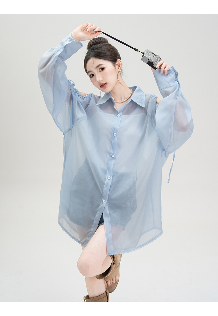 青ファッション 透け感シースルー袖リボンシャツ