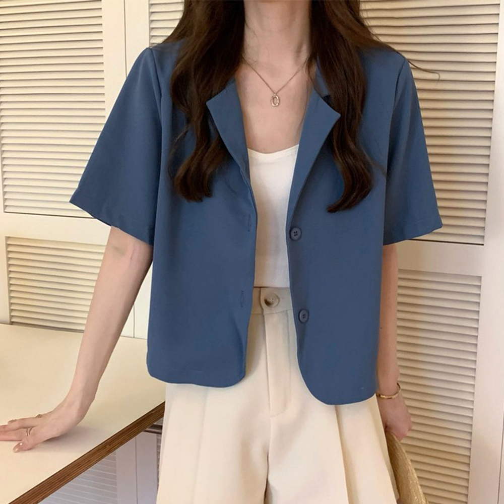 青ファッション 青み色クロップド丈半袖シャツジャケット