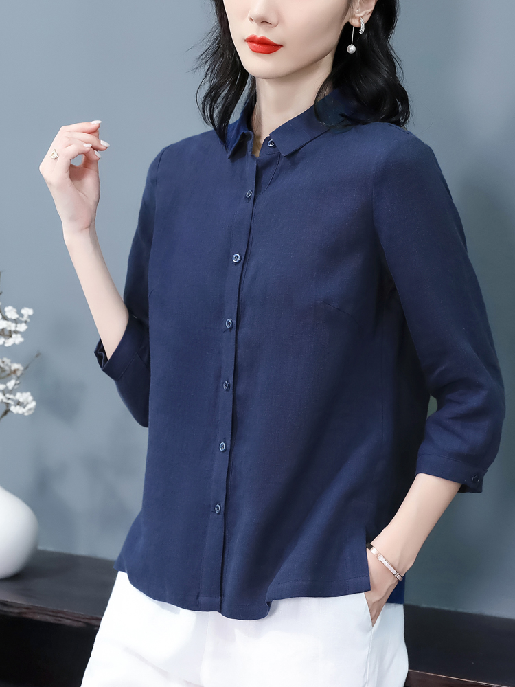 青ファッション 七分袖リネン風シンプルブラウス