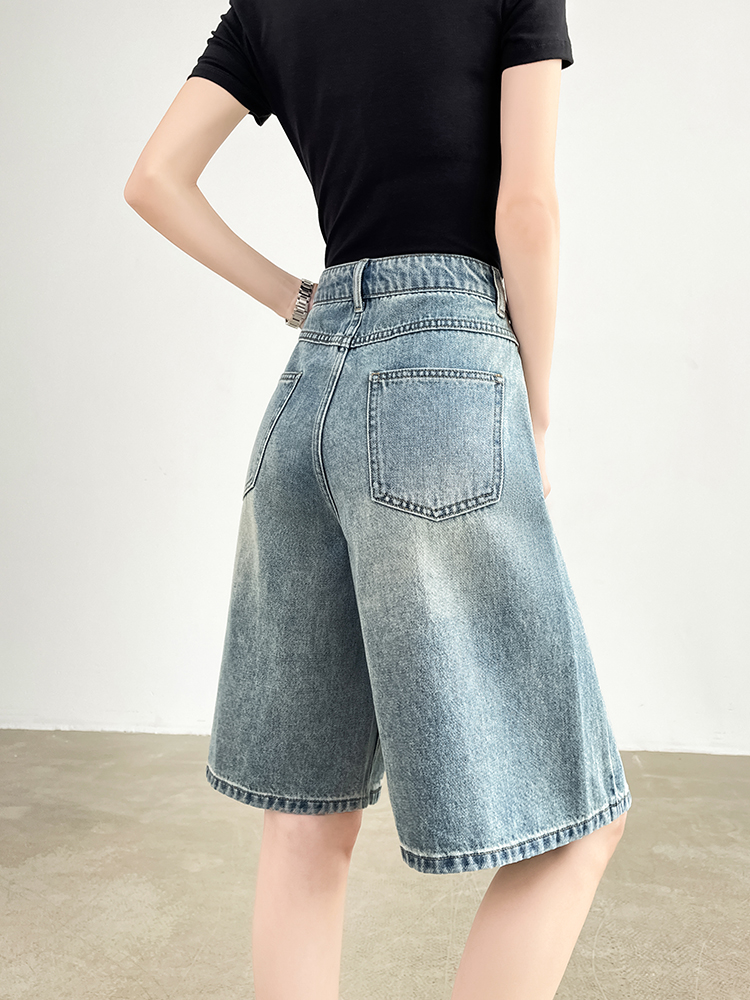青ファッション レース装飾デニムハーフパンツ