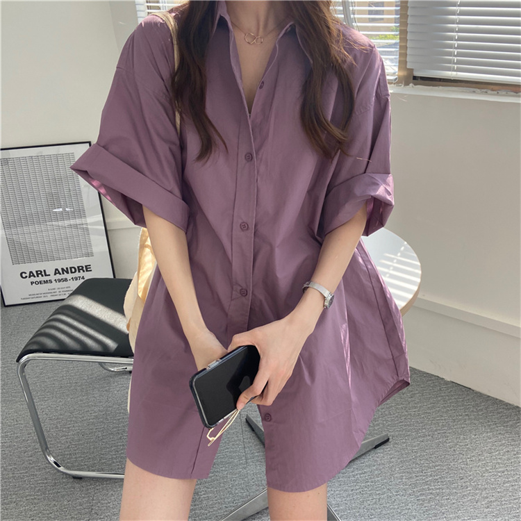 青ファッション ゆったりシルエット中丈シャツワンピース