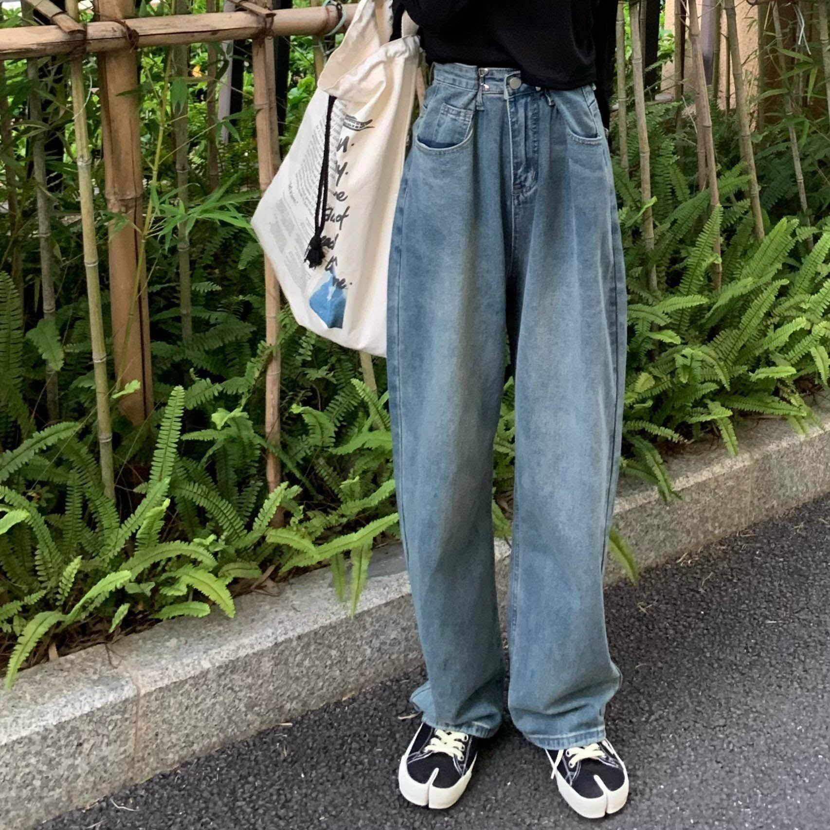 青ファッション ハイウエストゆったりワイドデニムパンツ