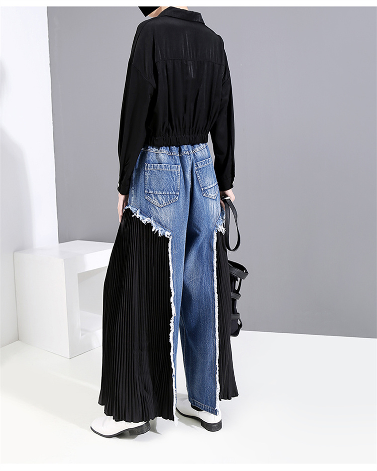 青ファッション 洗練されたハイウエストデニム切替プリーツワイドパンツ