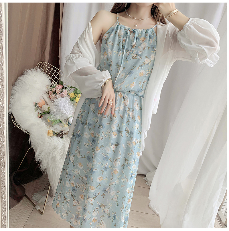青ファッション 春夏花柄シフォンキャミワンピース水色