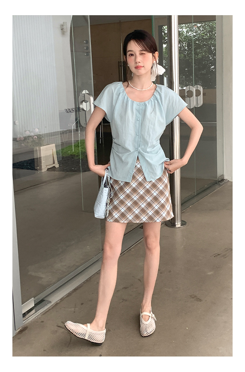 青ファッション ギャザーネック リネン風半袖シャツ