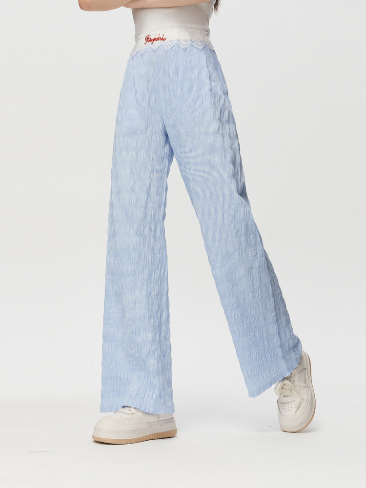 青ファッション 青ファッション レース縁取りしわ加工ワイドパンツ