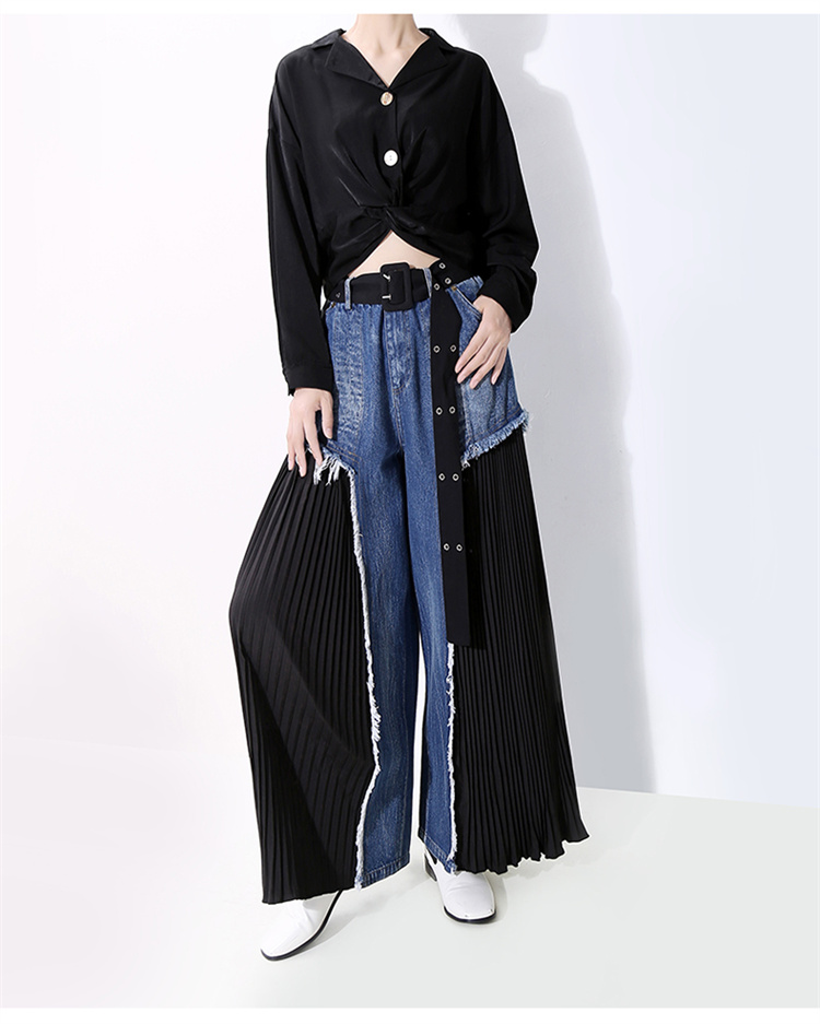 青ファッション 洗練されたハイウエストデニム切替プリーツワイドパンツ