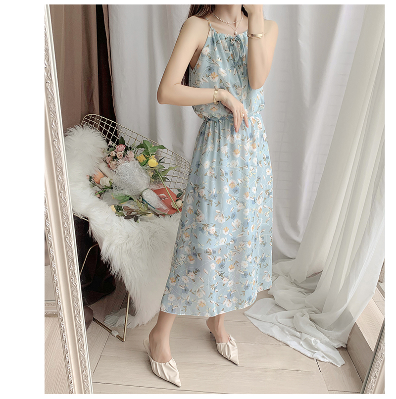青ファッション 春夏花柄シフォンキャミワンピース水色