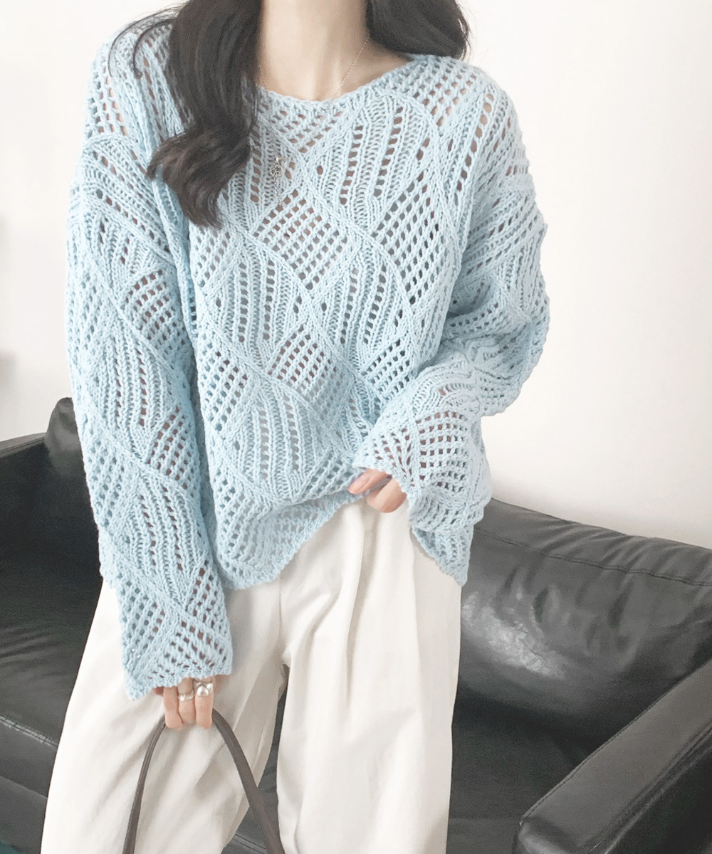青ファッション 透かし編み ゆったりニット 肩落ちデザイン