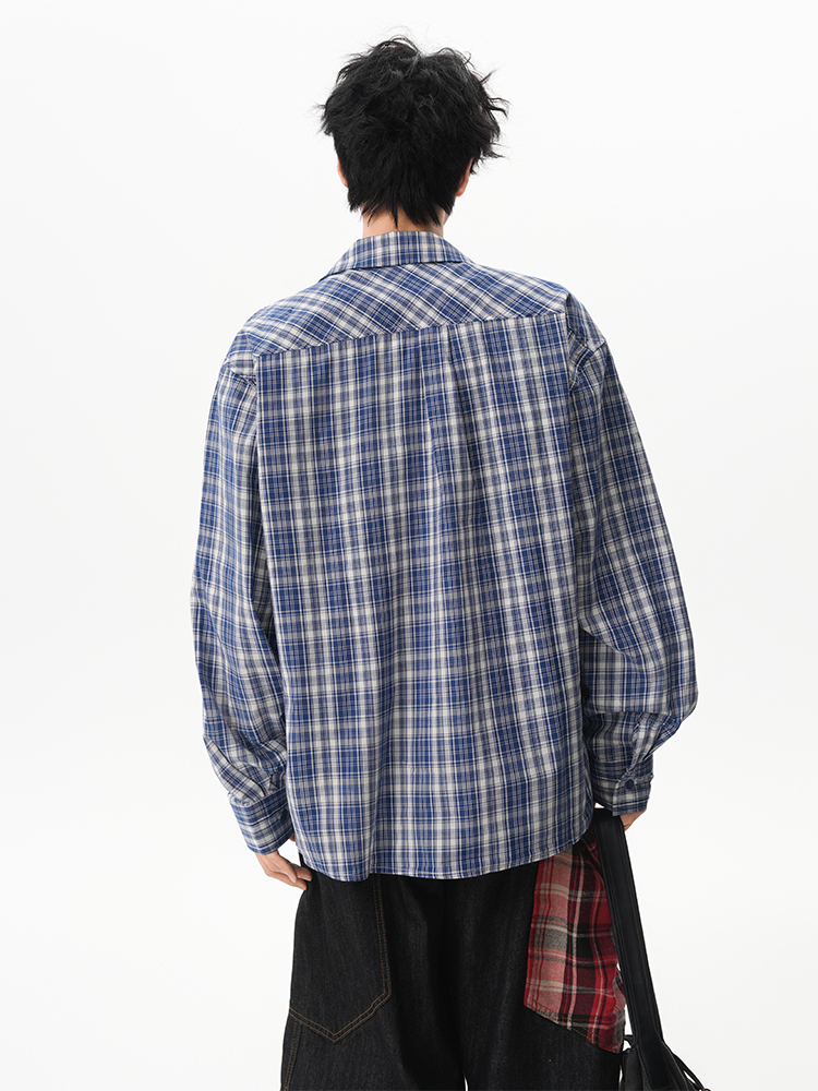 青ファッション 格子柄ゆったりオーバーシャツ