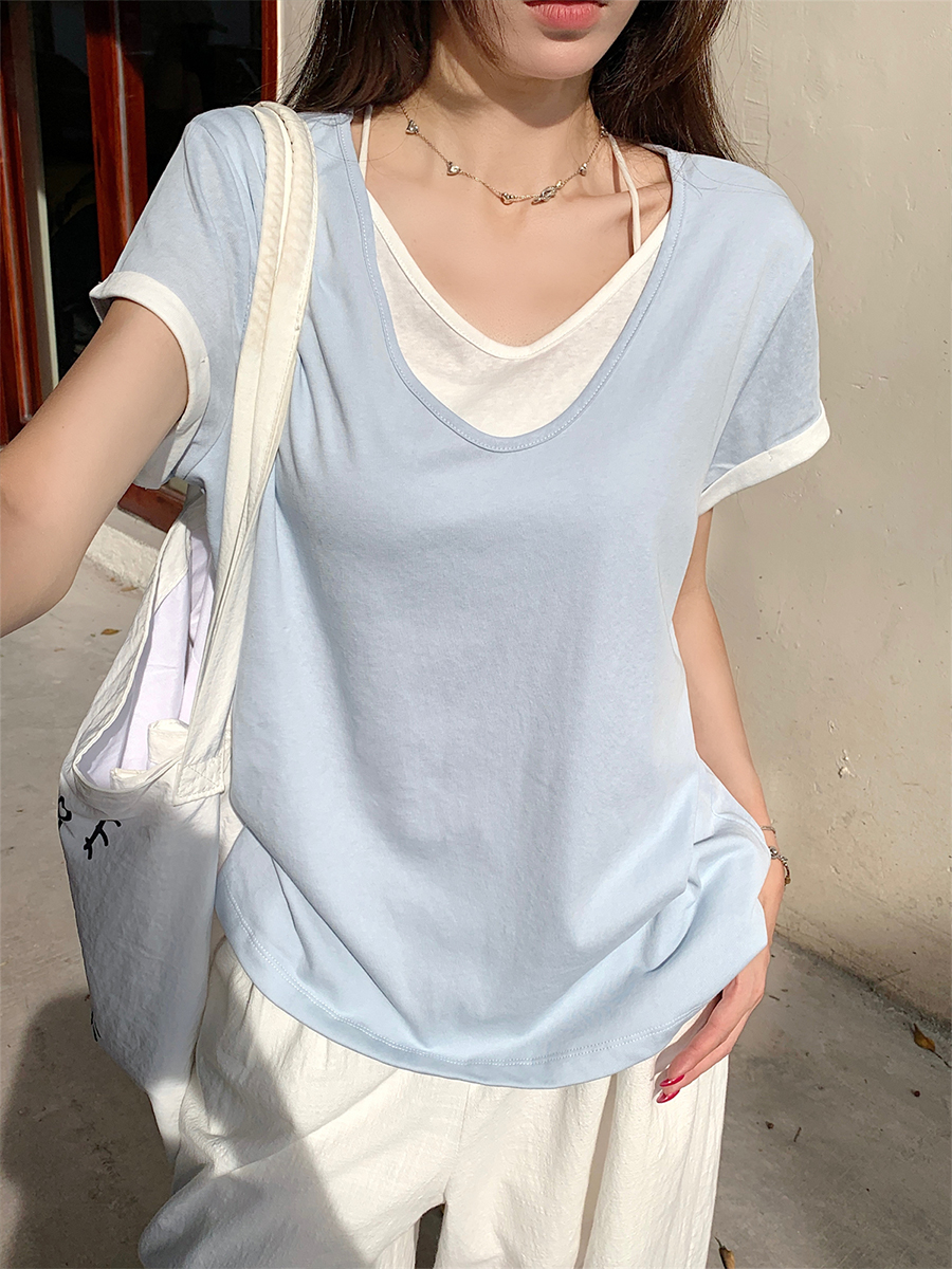 青ファッション 二重襟デザイン半袖シャツ