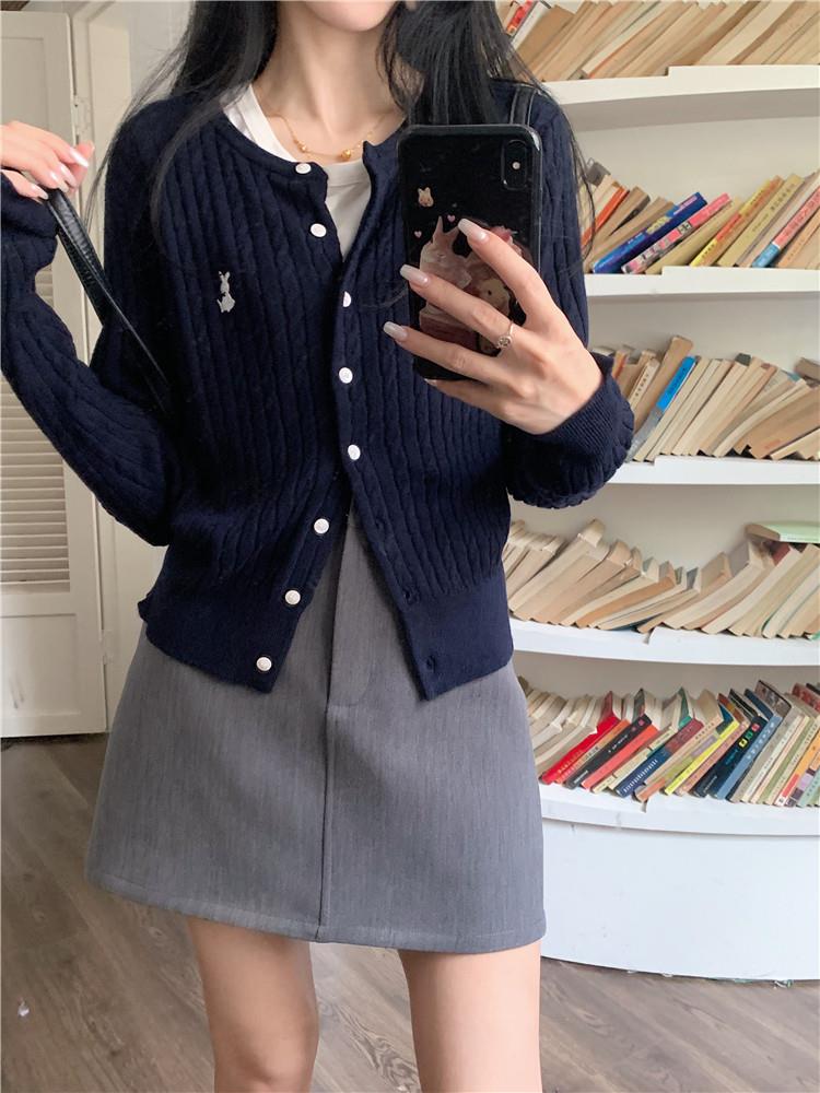 青ファッション 青ファッション うさぎ刺繍入りリブ編みカーディガン
