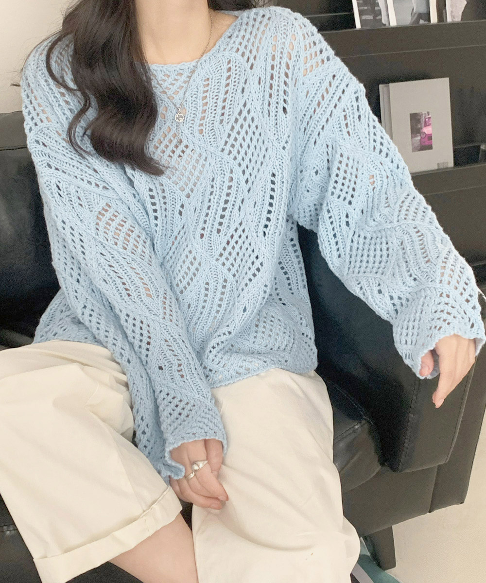 青ファッション 透かし編み ゆったりニット 肩落ちデザイン