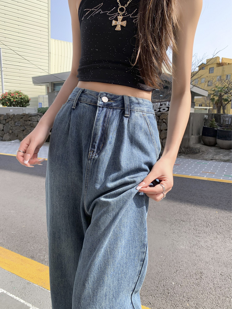 青ファッション ゆったりワイドデニムパンツ