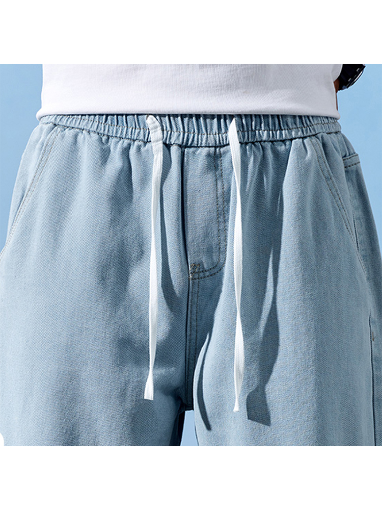 青ファッション リラックス紐付きデニムパンツ