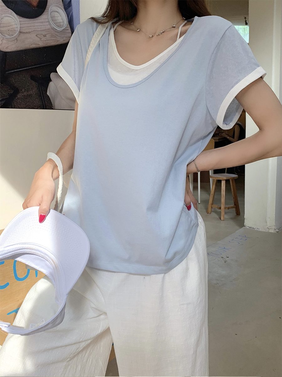 青ファッション 二重襟デザイン半袖シャツ