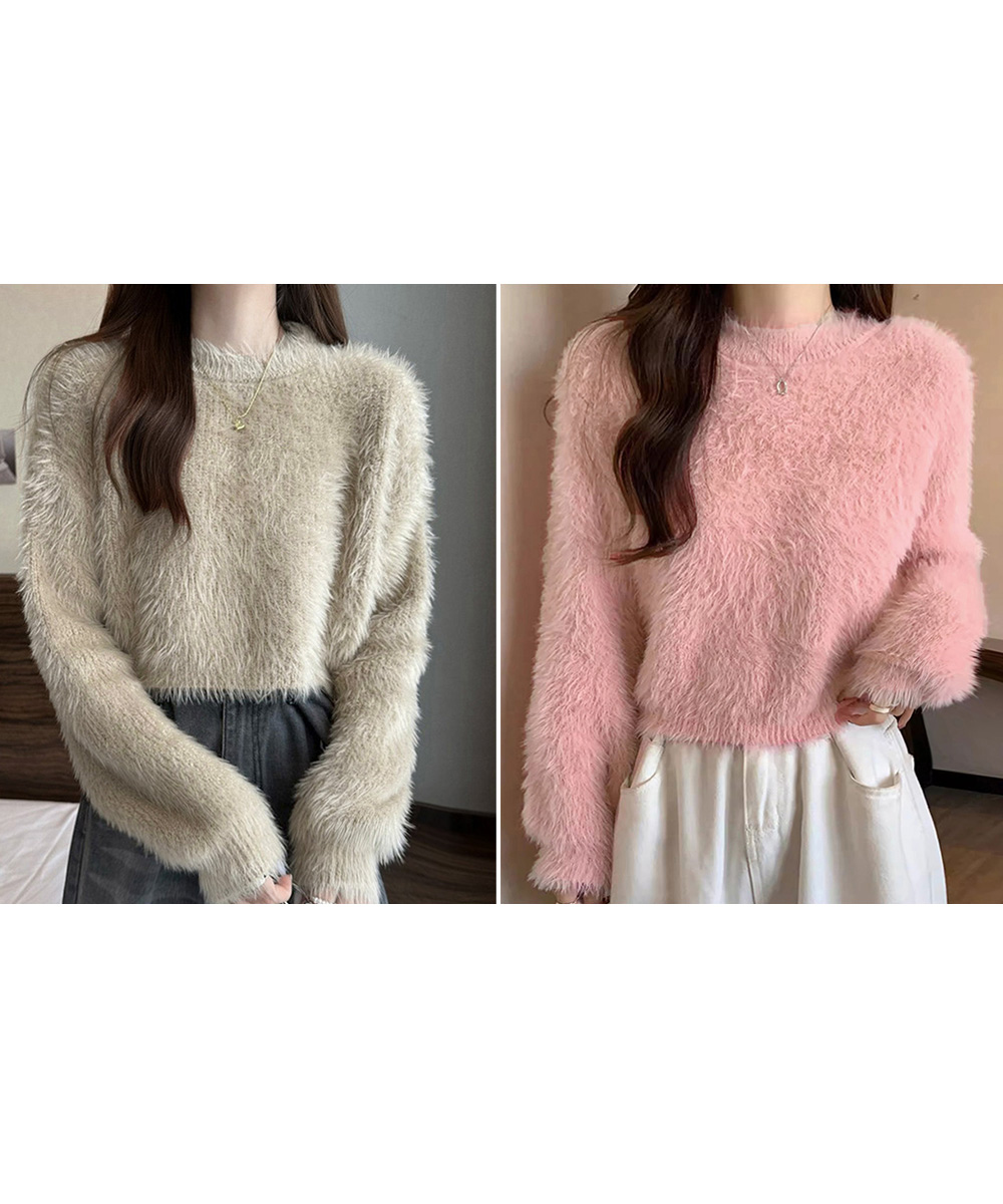 青ファッション ふわもこ シャギーニット ショート丈 トップス