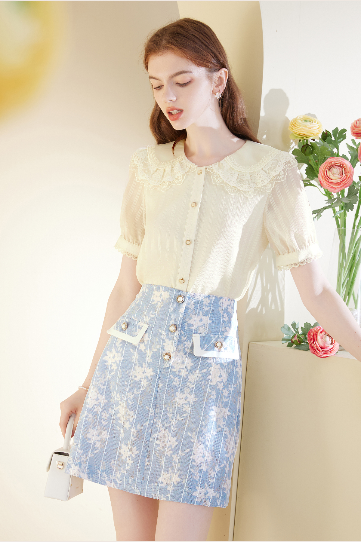 青ファッション 花柄ポケット付きミニスカート