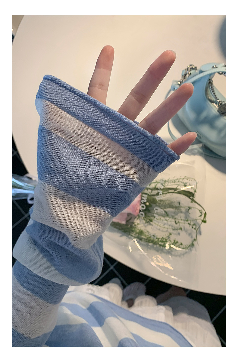 青ファッション 背中編み上げボーダーカーディガン