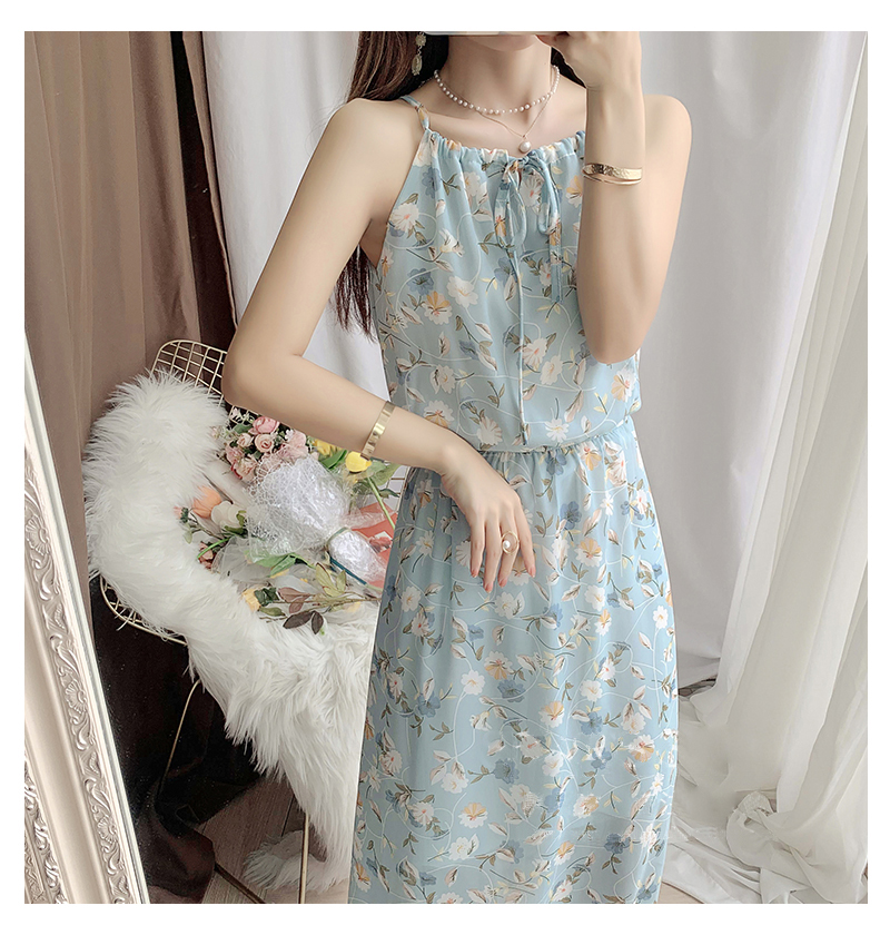青ファッション 春夏花柄シフォンキャミワンピース水色