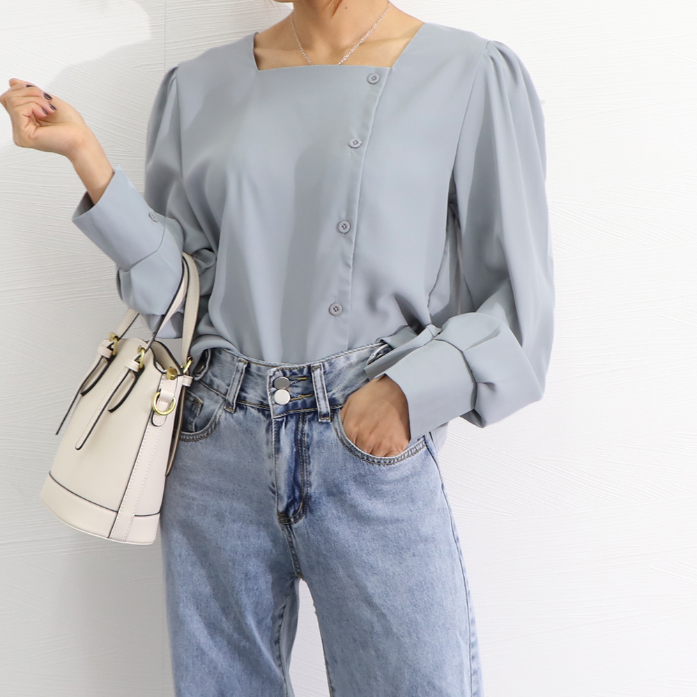 青ファッション スクエアネック とろみシャツ レディース 通勤