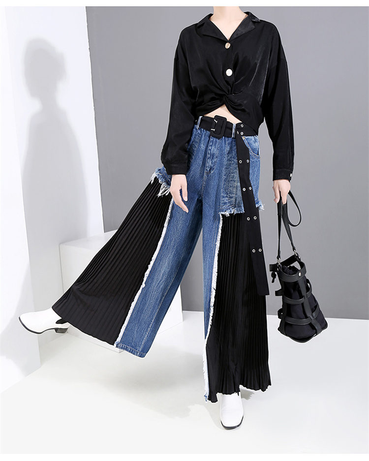 青ファッション 洗練されたハイウエストデニム切替プリーツワイドパンツ