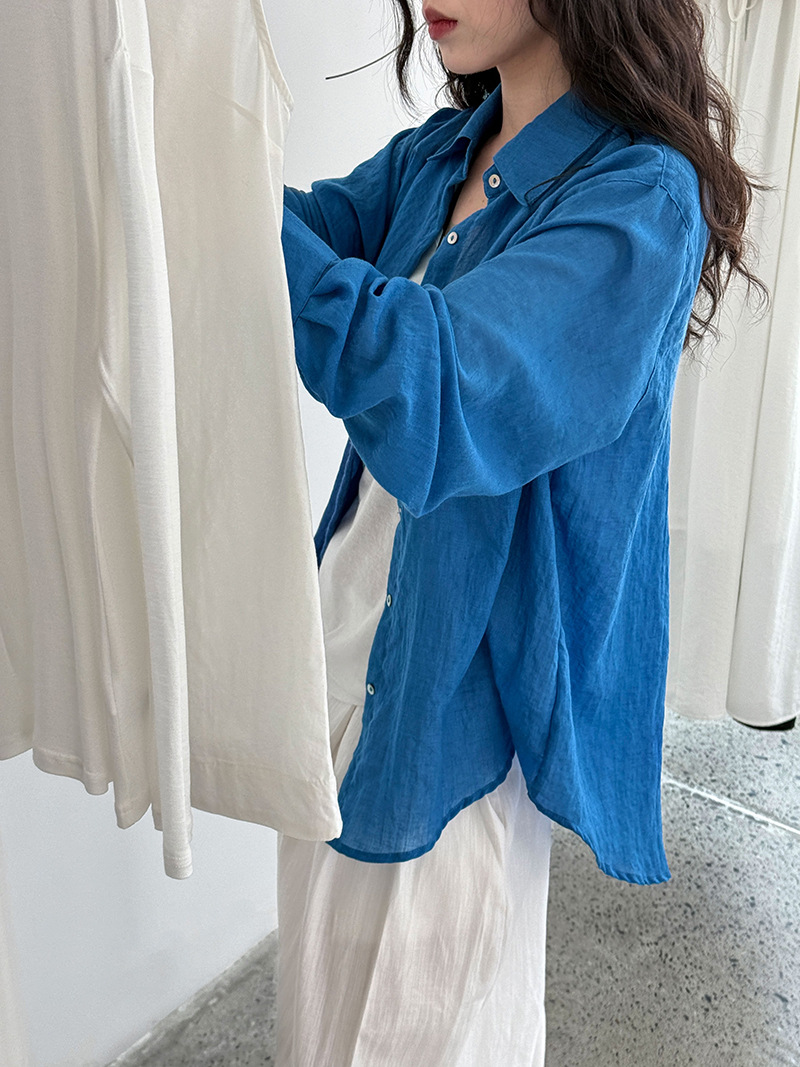 青ファッション 麻混リネンシャツカーディガン