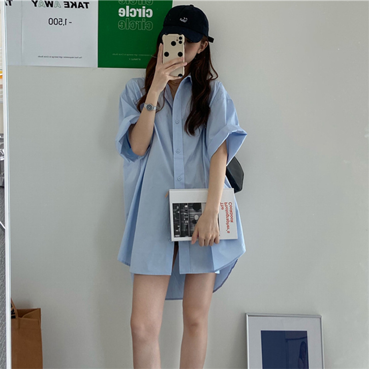 青ファッション ゆったりシルエット中丈シャツワンピース