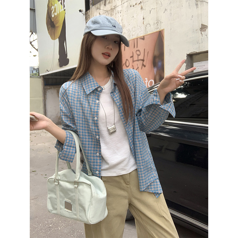 青ファッション ふんわり格子柄ゆったりシャツ