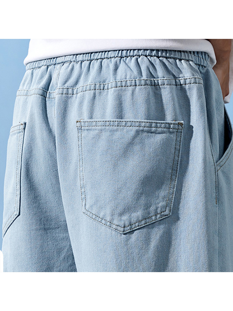 青ファッション リラックス紐付きデニムパンツ