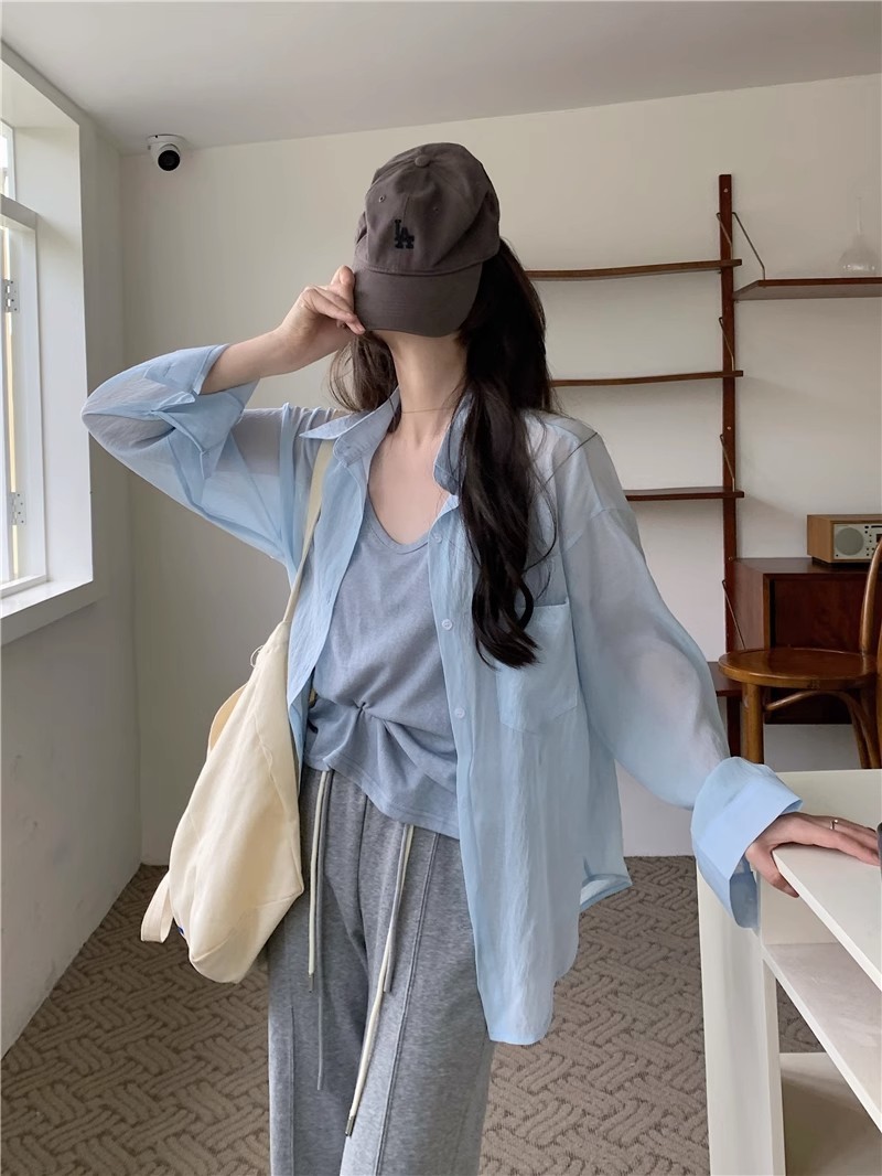 青ファッション シアーポケット薄手カーディガン