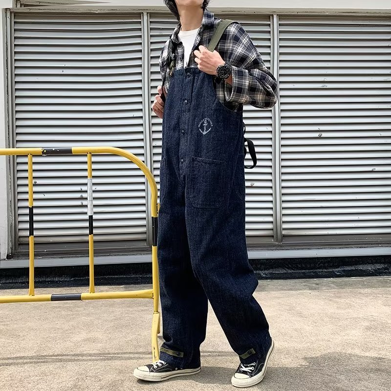 青ファッション マリンモチーフオーバーオールパンツ