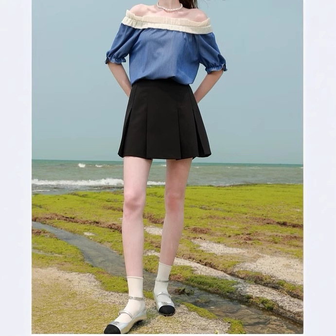 青ファッション 優美フリル肩出しブラウス
