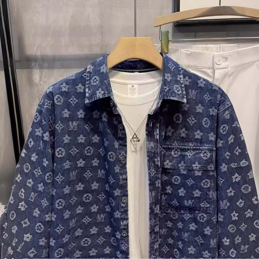 青ファッション 花模様デニムシャツジャケット