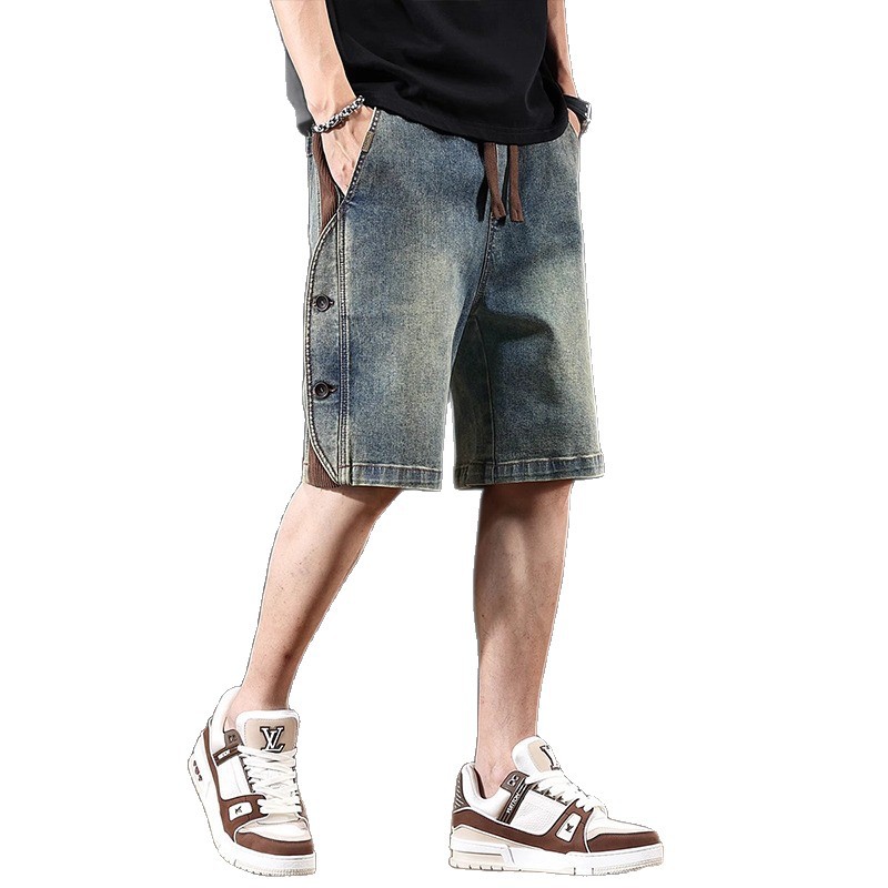 青ファッション サイドボタン デニムハーフパンツ