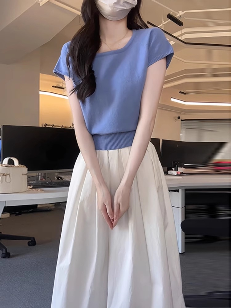 青ファッション 青ファッション 優雅な裾リブフレンチスリーブニット
