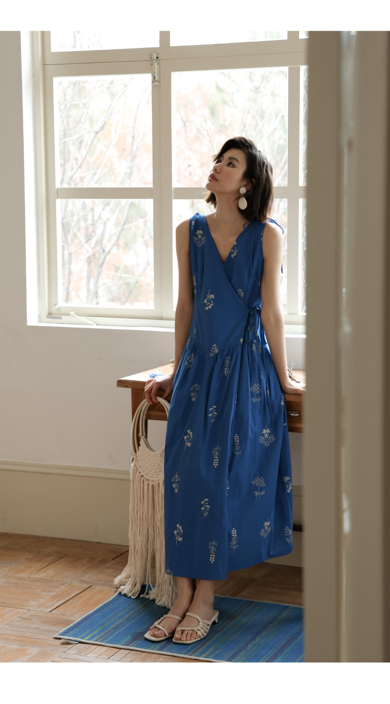 青ファッション 花刺繍カシュクールワンピース