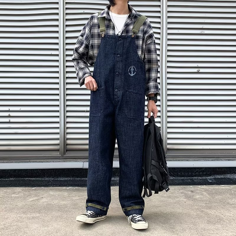 青ファッション マリンモチーフオーバーオールパンツ