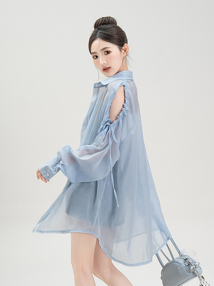 青ファッション 透け感シースルー袖リボンシャツ