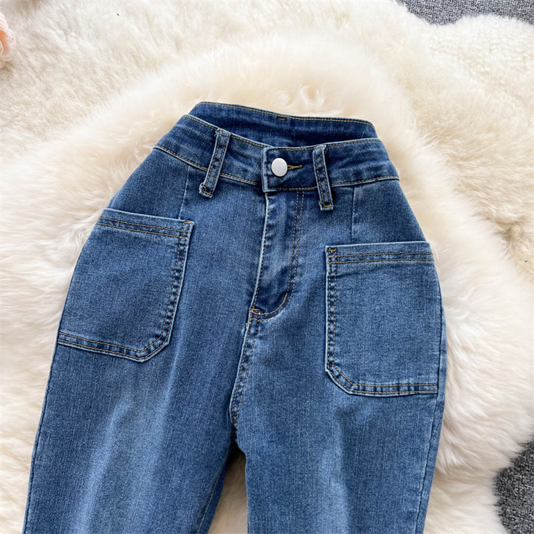 青ファッション レトロ風フレアデニムパンツ ハイウエスト