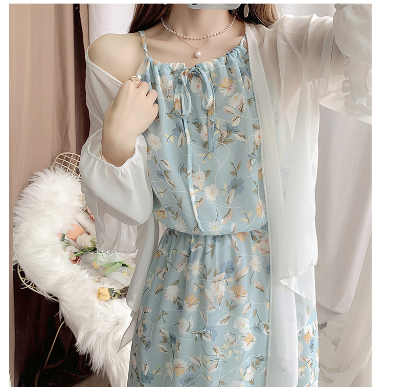 青ファッション 春夏花柄シフォンキャミワンピース水色