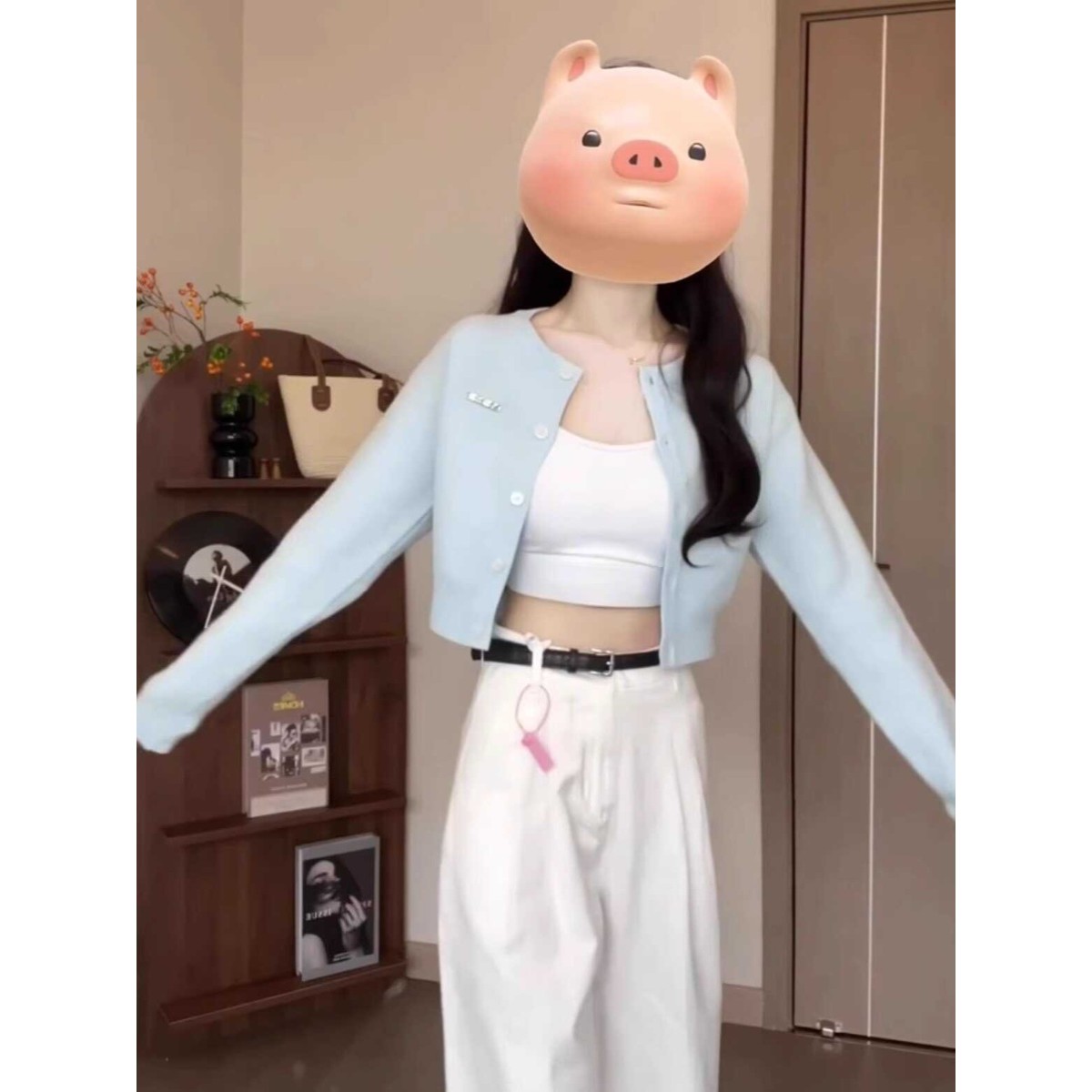 青ファッション 青ファッション クロップド丈シンプルカーディガン
