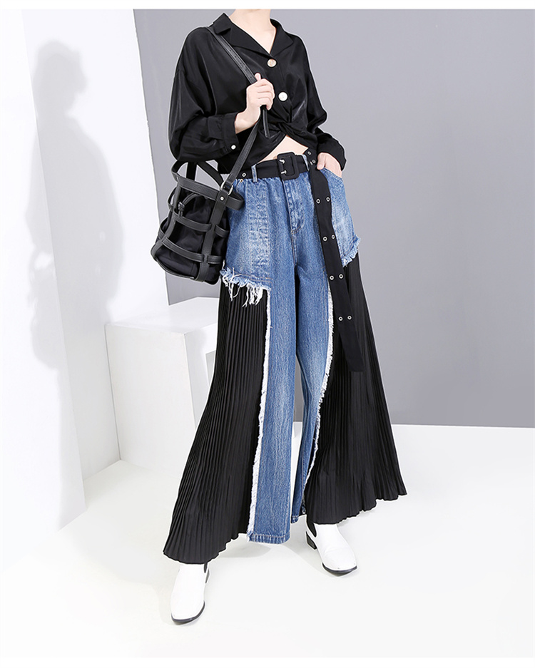 青ファッション 洗練されたハイウエストデニム切替プリーツワイドパンツ