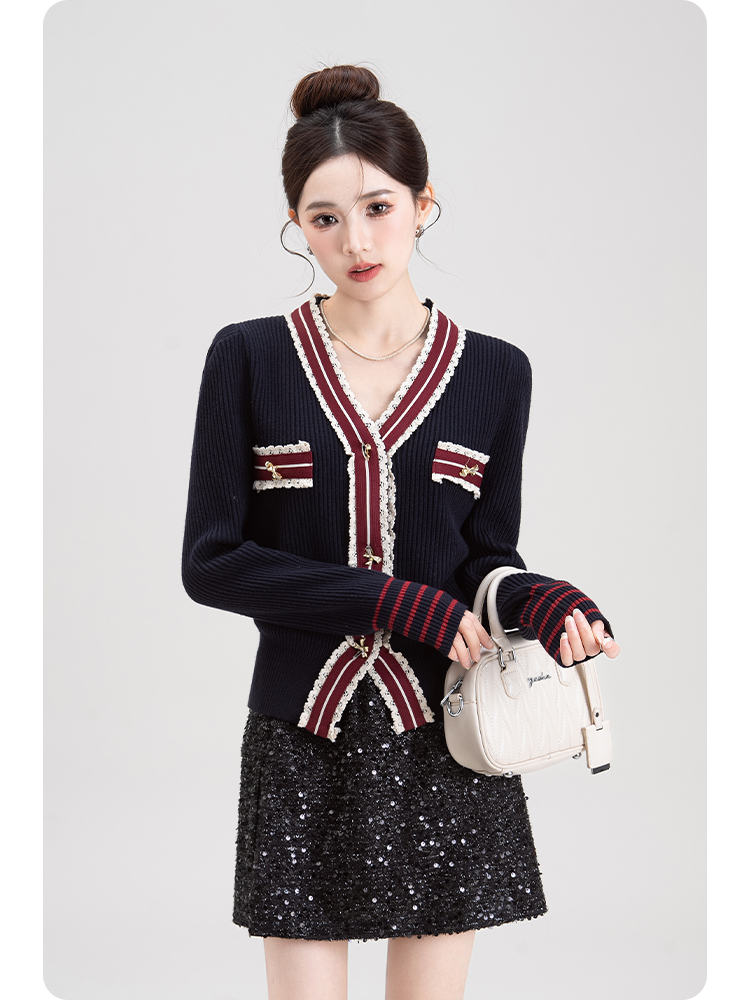 青ファッション 青ファッション レース縁取りリブ編みカーディガン