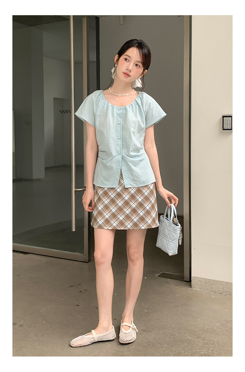 青ファッション ギャザーネック リネン風半袖シャツ