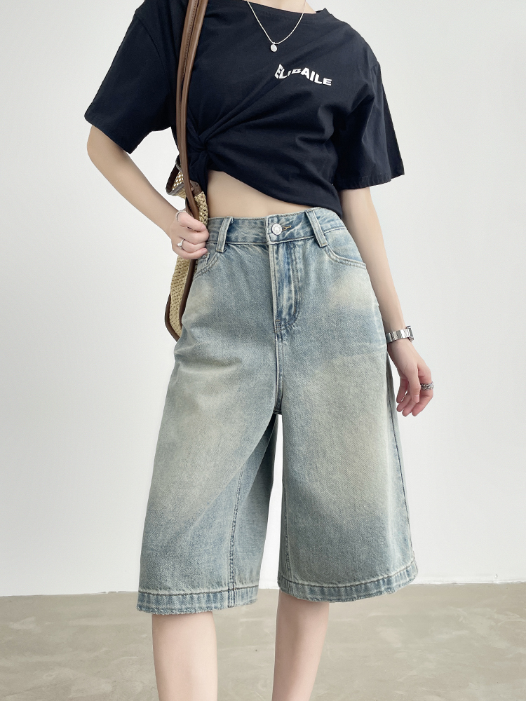 青ファッション ヴィンテージ風ゆったりデニムハーフパンツ