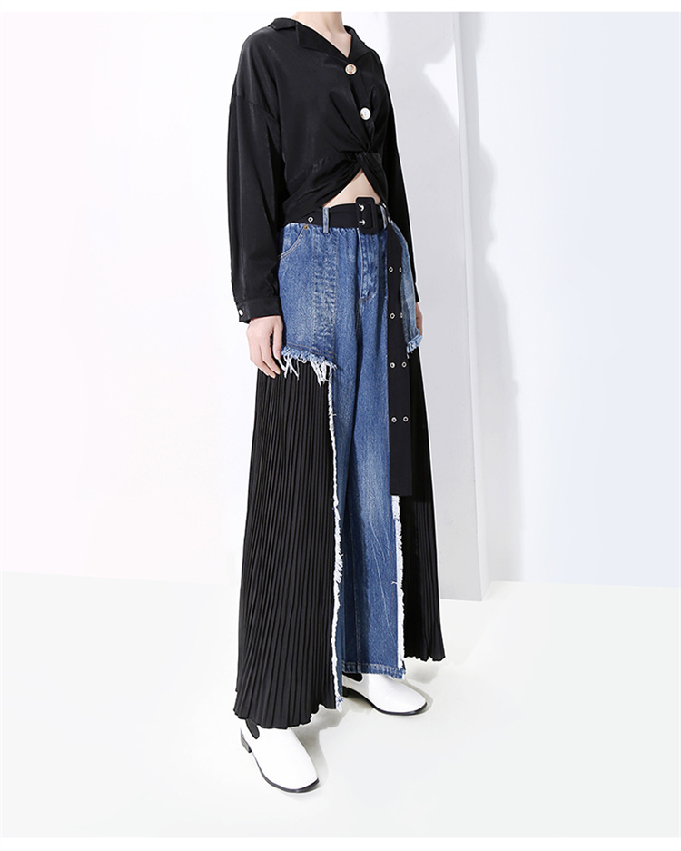 青ファッション 洗練されたハイウエストデニム切替プリーツワイドパンツ