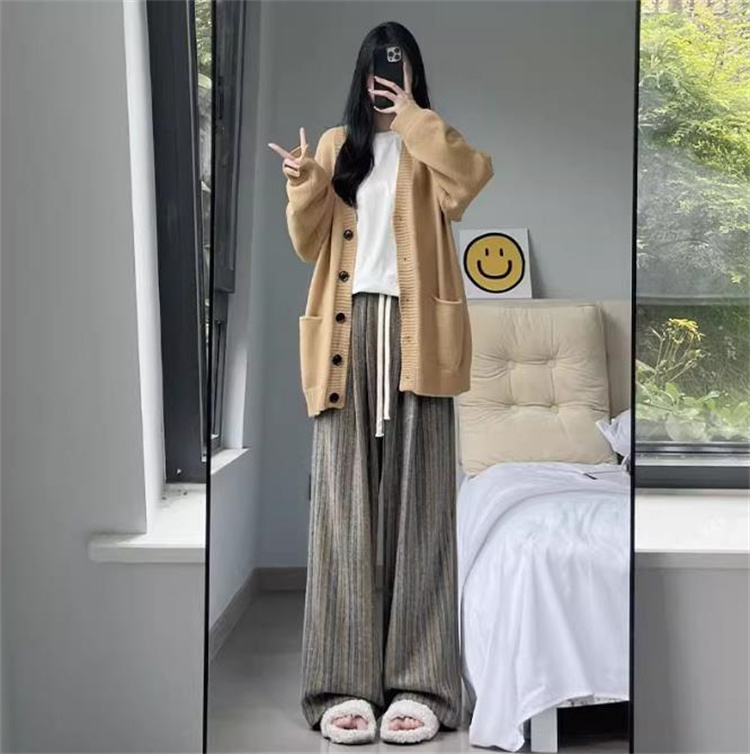 青ファッション 大人可愛い縦縞柄ワイドパンツ レディース