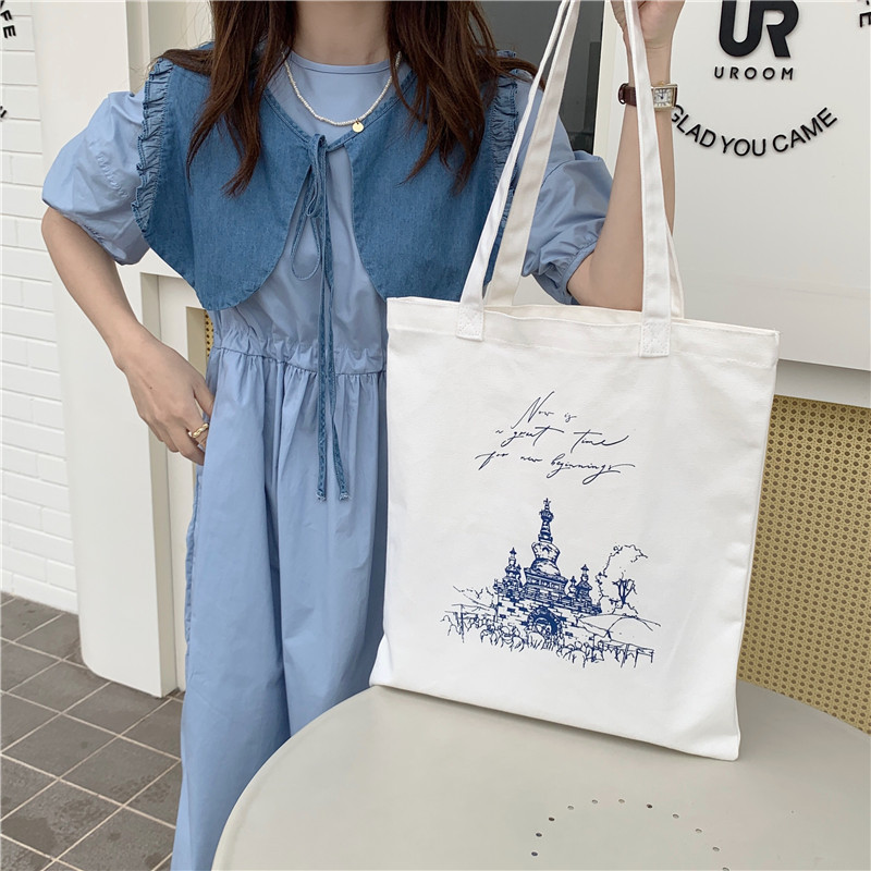 青ファッション 古風建物柄キャンバストートバッグ